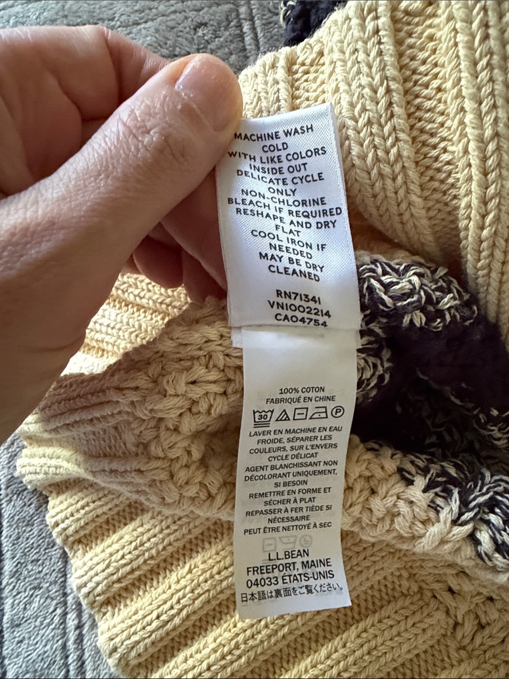 L.L. Bean Signature Cotton Fisherman Cable Knit Sweater Cream Navy Stripe Large - Picture 6 of 12